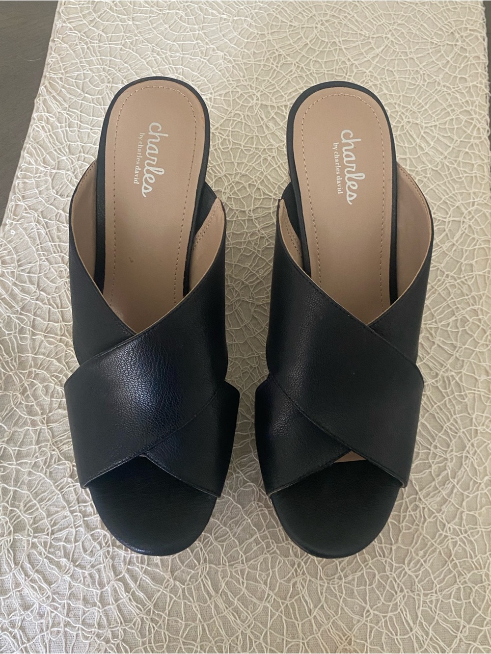 Charles By Charles David Black Leather Crossband Slide Wedge Mules